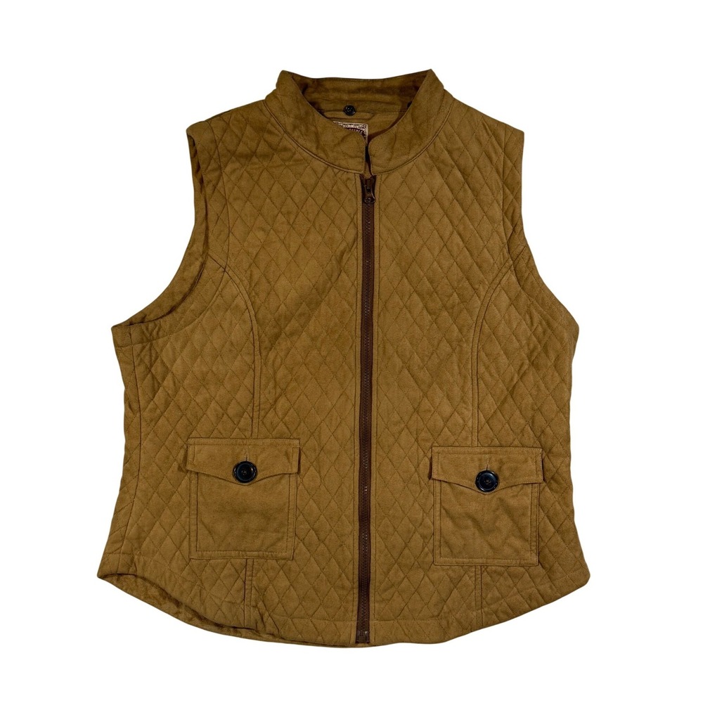 Bit & Bridle Quilted Vest Women XL Tan Faux Suede Equestrian Country Core Zip Up